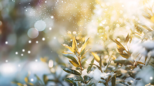 Stark unscharfer wei&szlig;er Winter-Hintergrund mit leuchtendem Glanz, Sonnenlicht, Schneeflocken und schneebedeckten Tannenzweigen &ndash; festliche Weihnachts- und Neujahrsstimmung mit viel Freiraum