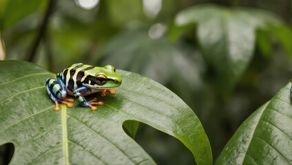 Colorful Poison Dart Frog Perched on a Lush Green Leaf in a Tropical Rainforest.