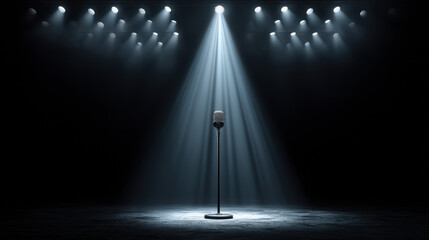 A vintage microphone stands illuminated by a bright spotlight on a dark stage, creating a dramatic and theatrical atmosphere for a performance or event.