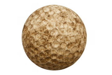 Muddy golf ball showing wear and grunge, symbolizing a tough game on unkept terrain with a transparent background