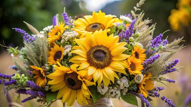 Vibrant close-up of a rustic sunflower and lavender bouquet tied with twine in natural outdoor light for summer celebration concept and natural beauty