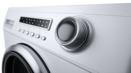 3d washing machine icon showing control dial and LED display, isolated on white