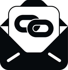 Open email envelope with a hyperlink chain icon black and white on white background