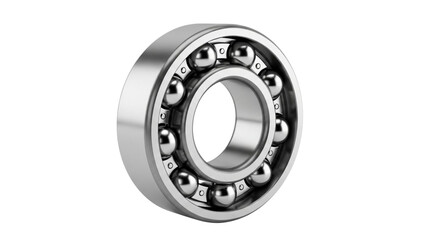 Precise 3d rendering of a gleaming metallic ball bearing, showcasing its intricate design on a stark black backdrop