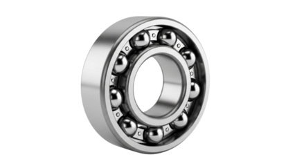 Precise 3d rendering of a gleaming metallic ball bearing, showcasing its intricate design on a stark black backdrop