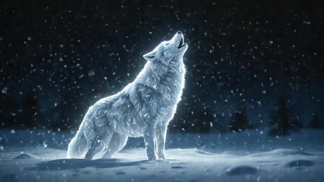 Majestic crystal wolf howling in a snowy winter forest at night for primal wilderness concept and mystical resilience illustration