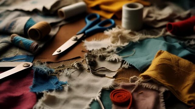 Crafting Textiles - Close-Up of Sewing Tools and Colorful Fabric Scraps.