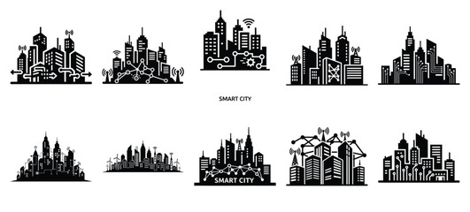 Technology silhouette icon set with smart city © Bipul