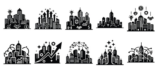 Obraz premium Technology silhouette icon set with startup ecosystem