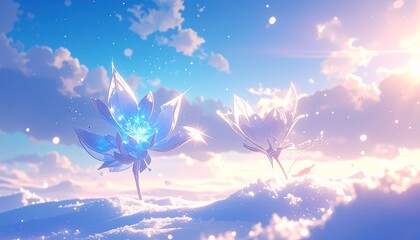 Magical ice flowers bloom in snowy landscape with bright sunshine