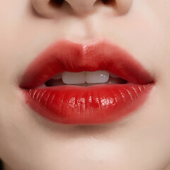 Fototapeta premium Macro Close-Up: Glossy Red Lips on Young Woman, Parted Smile Showing White Teeth — Cosmetic E-commerce Hero Image / Valentine's Beauty Ad