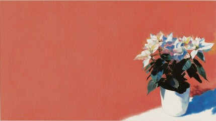 Christmas-themed painting of white poinsettia plant in white pot, placed on white surface against textured orange-red background. Festive decor ideal for wallpaper, poster or seasonal holiday display.