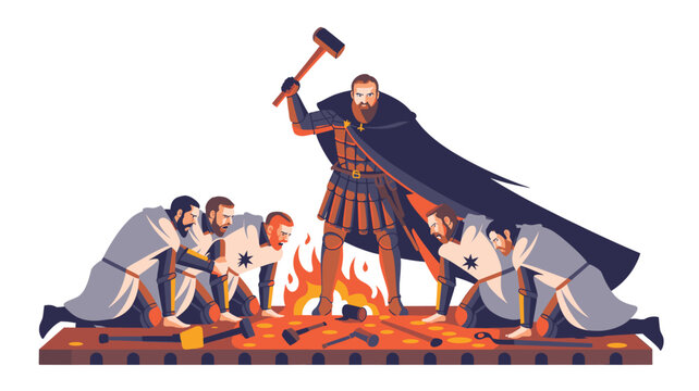 Medieval blacksmith forges sword with apprentices working