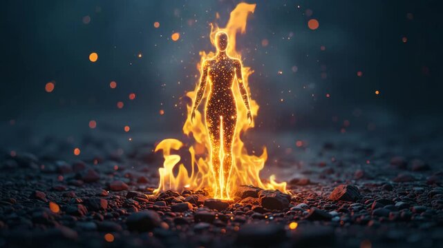 Fiery human silhouette radiating energy on dark rocky ground with glowing sparks for spiritual power concept and inner transformation