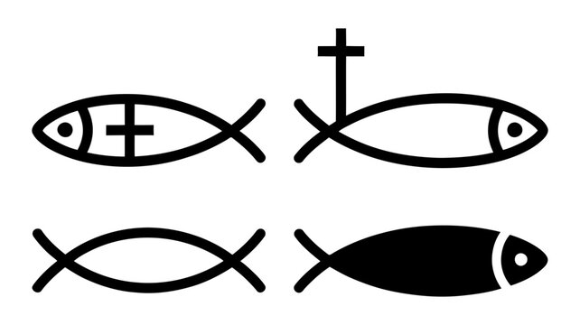 Illustrative representation of various christian fish symbols, also known as ichthys, depicting faith