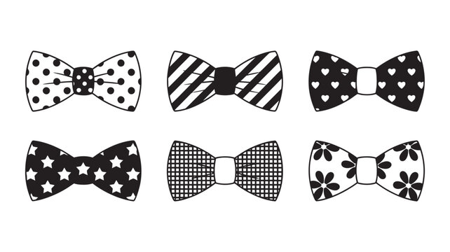 Stylish collection of six black and white bow ties with diverse patterns for fashion