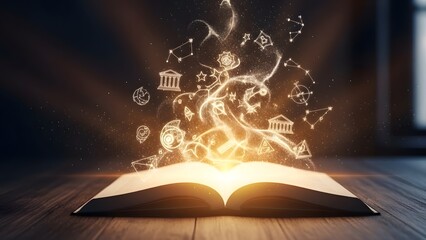 An open book on a wooden table emits a warm glow with swirling symbols and icons rising into the air