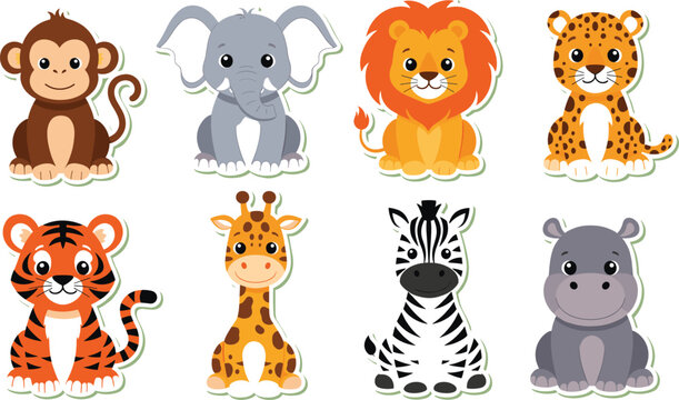 Set of cute safari animal stickers featuring cartoon monkey elephant lion leopard tiger giraffe zebra and hippo for kids nursery decor and educational scrapbooking