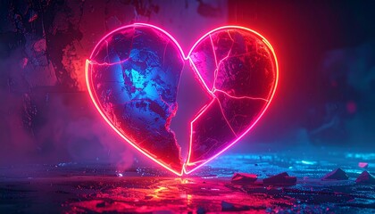 A fractured heart glows with vibrant neon light in a dark, moody scene