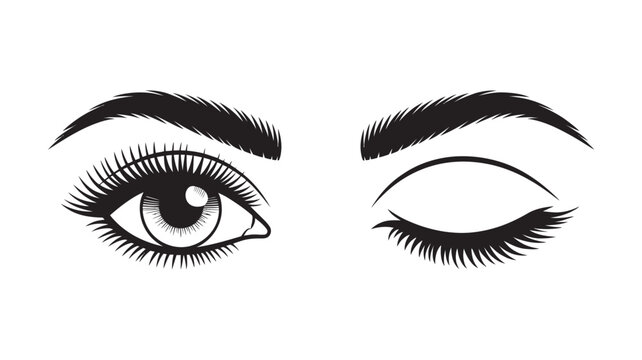 Beautiful female eyes: one open with long lashes and eyebrow, the other winking playfully