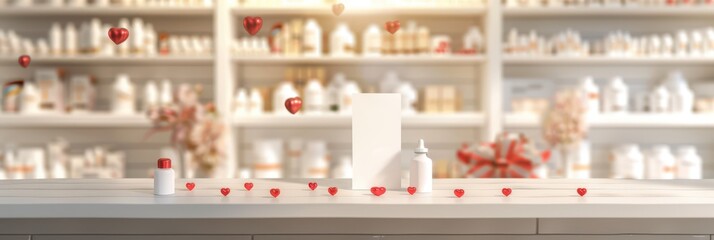Valentine's day pharmacy product display with heart decorations. Horizontal banner. Copy space. Mock-up for farmacy, drugstore, cosmetic shop. Template for Mothers Day, Women Day