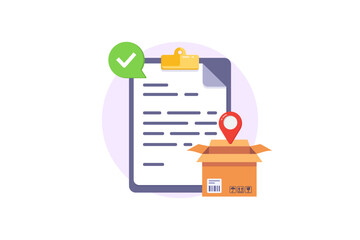 vector illustration of Document Verification With Package Box, Location Pin, And Checkmark For Logistics And Delivery Process.