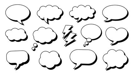 Fototapeta premium A diverse collection of hand-drawn speech and thought bubbles with a striking lightning bolt symbol