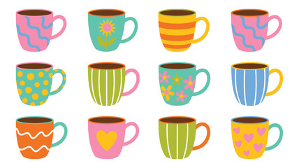 Colorful Coffee Mugs Vector Set with Decorative Patterns and Unique Cup Designs for Editable Illustrations, Cafe Branding, Kitchen Decor, and Beverage Artwork