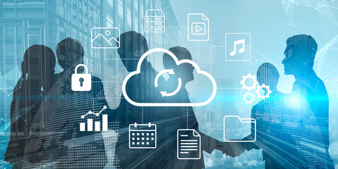 A business team engages in cloud computing discussions, surrounded by digital icons for data and security. Ideal for showing modern teamwork and technology integration. Gantry