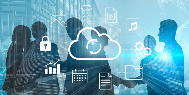 A business team engages in cloud computing discussions, surrounded by digital icons for data and security. Ideal for showing modern teamwork and technology integration. Gantry - Powered by Adobe
