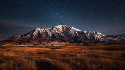 Snowy mountain range dramatically lit under a dark blue starry night sky in the distance over grassy plains landscape creates an inspi winter scene.