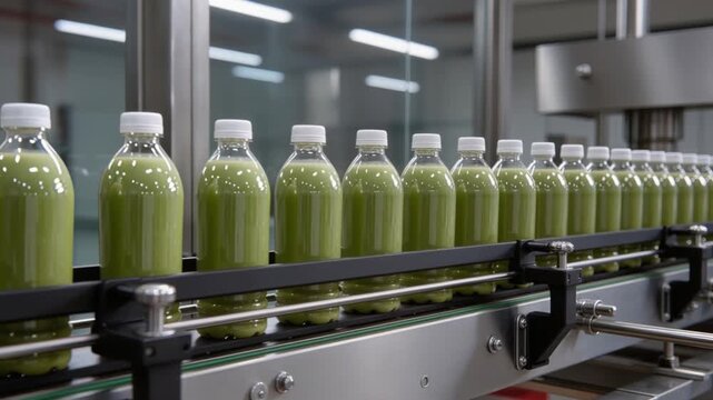 Bottles of Green Beverage on Automated Factory Conveyor Belt