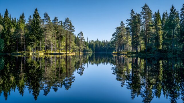 Serene taiga forest landscape with pine trees perfectly mirrored on the still, deep blue water of a northern lake