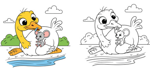 Cute cartoon goose and little mouse friends vector illustration featuring a large bird caring for a small rodent near a river in nature © MstSangita