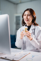 Asian female doctor explaining medication during online telemedicine consultation