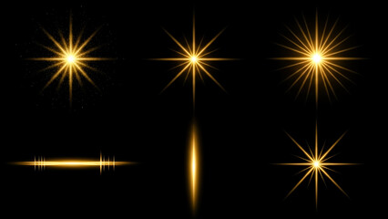 Set of golden light effect with bright stars and lens flare on black background