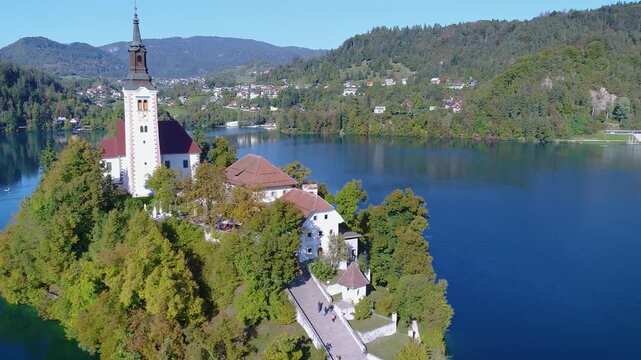 Aerial view of Lake Bled with island and church