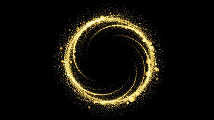 Golden sparkling glitter swirling circle on black background