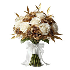 Elegant White and Gold Wedding Bouquet with Roses Isolated on White Background