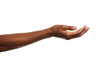 A healthy dark-skinned human hand and forearm extended horizontally, fingers gracefully open, poised to receive, against a transparent studio background with copy space, high-key product concept