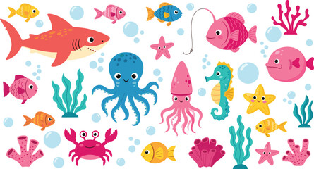 Flat Cartoon Underwater Sea Creature Vector Set for Kids Aquarium Ocean and Marine Designs © Sumon Creative