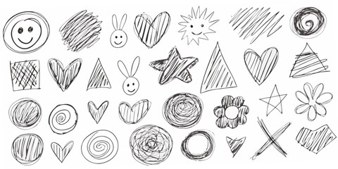Collection of hand drawn doodles hearts stars shapes and whimsical sketches © Piku