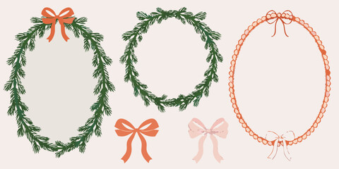 Festive holiday wreaths and bows in soft illustrative watercolor style © Piku