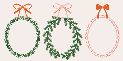 Festive holiday wreaths with bows in varying styles and designs © Piku