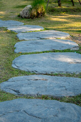 Stepping stones serene lawn garden path nature tranquil setting ground level view