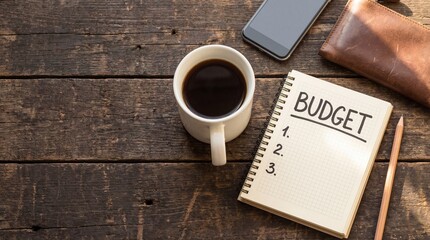 Top view of coffee cup and budget planning notebook on rustic wooden desk with smartphone wallet and pencil