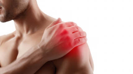 Man experiencing intense shoulder pain, indicated by red highlight, against a transparent background, ideal for medical and healthcare related projects