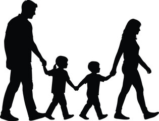 Family walking together silhouettes, parents holding children hands, happy family lifestyle, love bonding concept, parenthood, unity, care