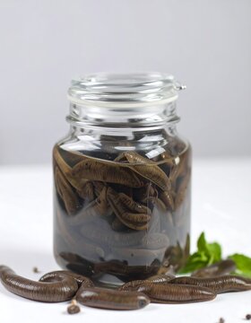 Preserved leeches in a glass jar