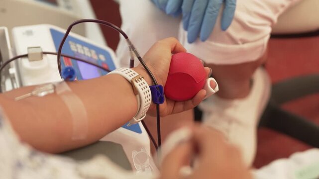 Blood donor pumps the special ball at the blood donation